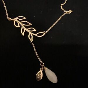 BANSRI Elegant Gold Leaf Necklace with White Pendant & “E” initial.
